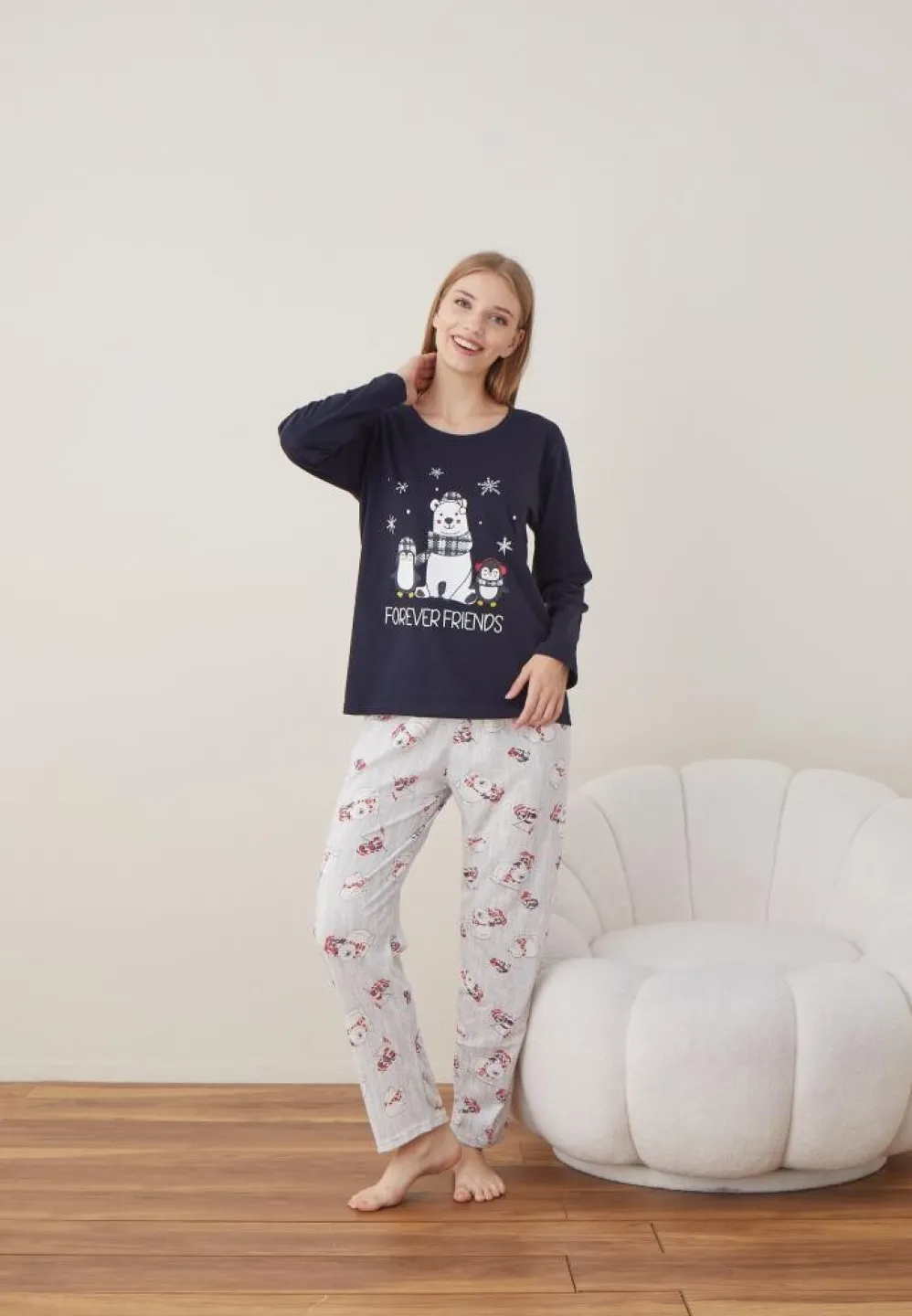 Pijama Dama Craciun Maneca Lunga Pantalon Lungi Bleumarin Forever Friends - 1