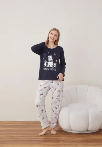 Pijama Craciun Dama Maneca Lunga Pantalon Lungi,Bleumarin,Forever Friends