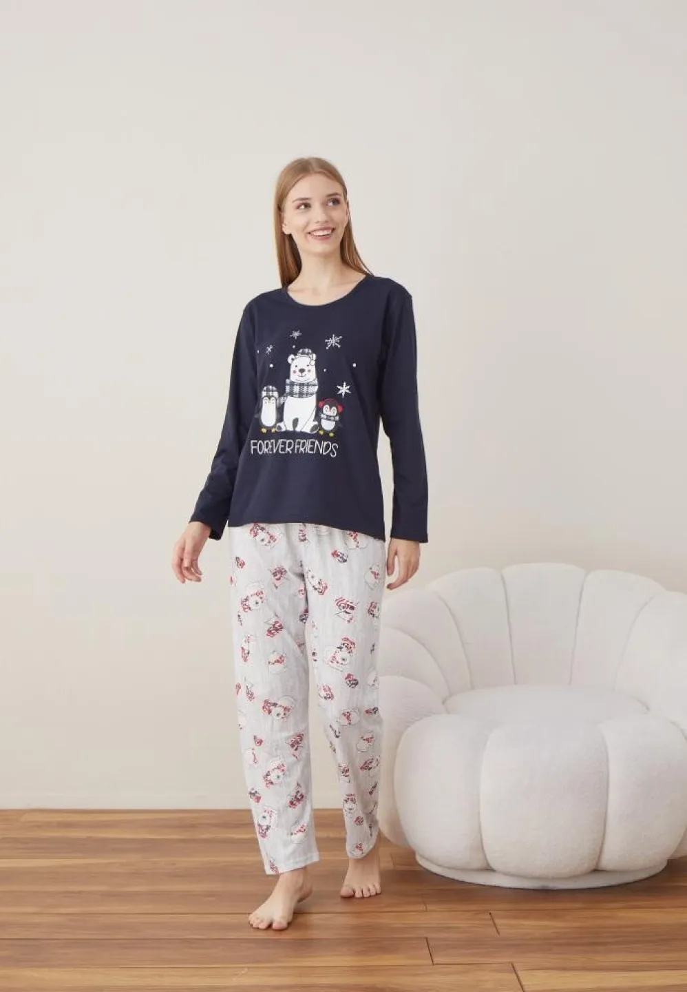 Pijama Dama Craciun Maneca Lunga Pantalon Lungi Bleumarin Forever Friends - 6