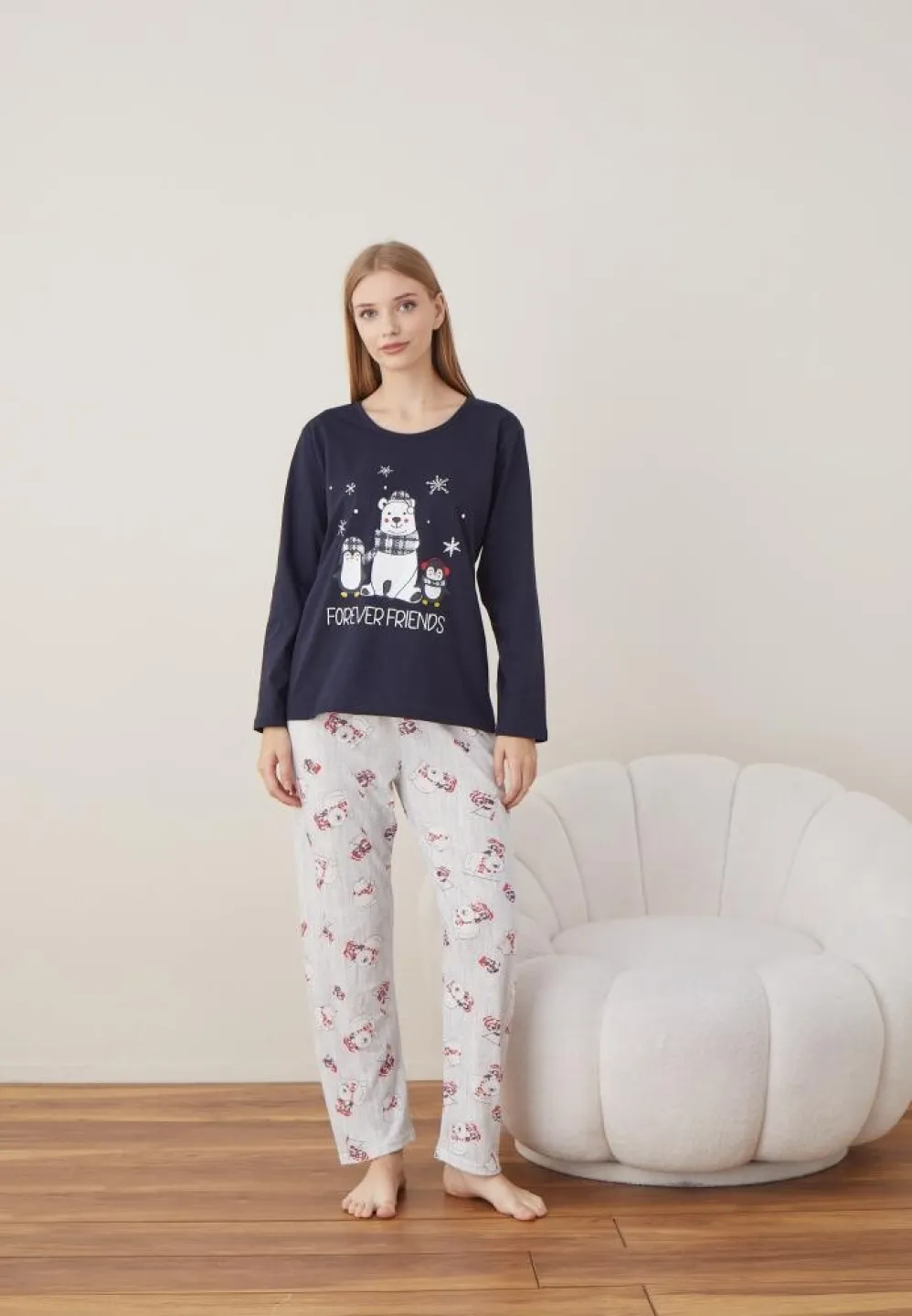 Pijama Dama Craciun Maneca Lunga Pantalon Lungi Bleumarin Forever Friends - 7