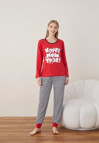 Pijama Dama Craciun Rosu Maneca Lunga Pantalon Lungi HAPPY NEW YEAR