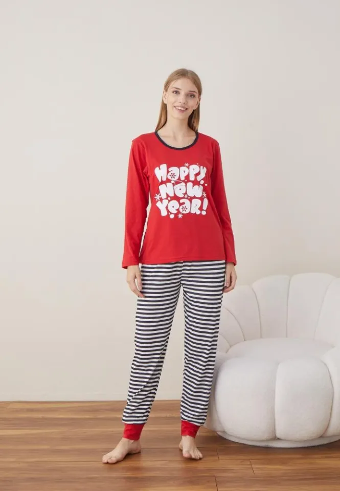 Pijama Dama Craciun Rosu Maneca Lunga Pantalon Lungi HAPPY NEW YEAR