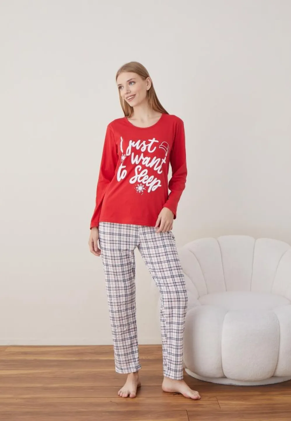 Pijama Dama Craciun Rosu Maneca Lunga Pantalon Lungi I Just Want - 4