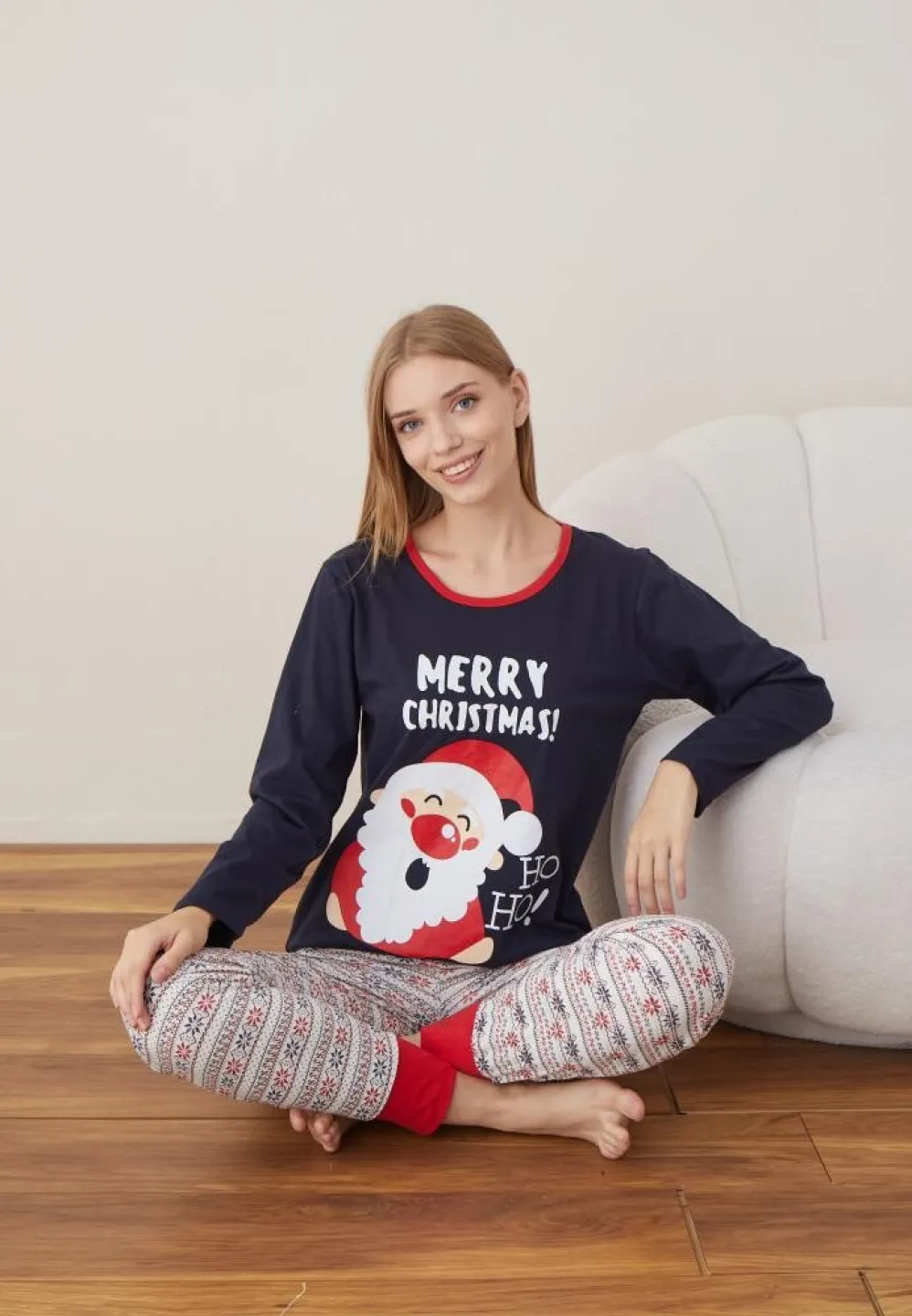 Pijama Dama Craciun Bleumarin Maneca Lunga Pantalon Lungi MERRY CHRISTMAS - 1