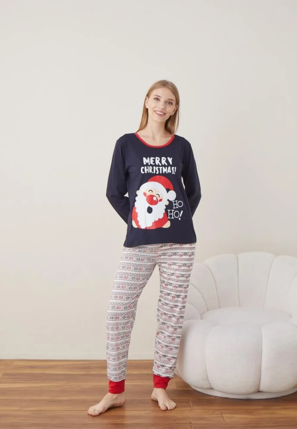 Pijama Dama Craciun Bleumarin Maneca Lunga Pantalon Lungi MERRY CHRISTMAS - 3