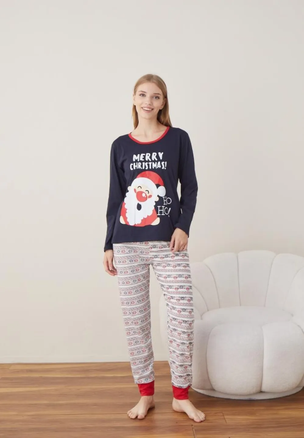 Pijama Dama Craciun Bleumarin Maneca Lunga Pantalon Lungi MERRY CHRISTMAS - 4