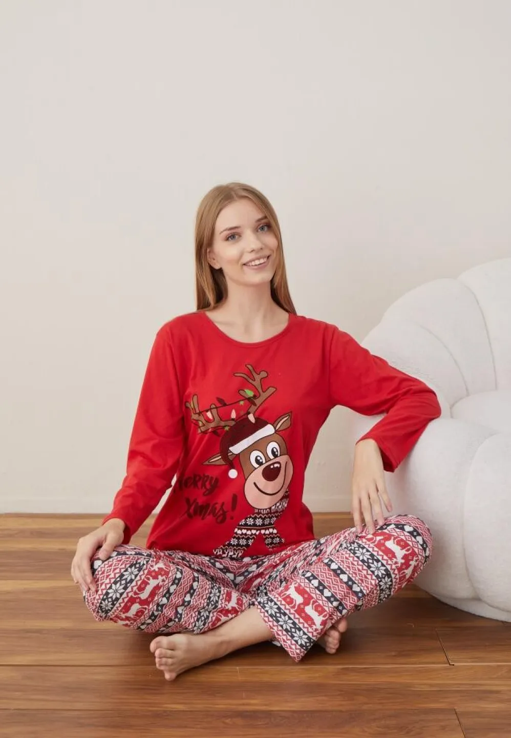 Pijama Dama Craciun Rosu Maneca Lunga Pantalon Lungi Ren - 2