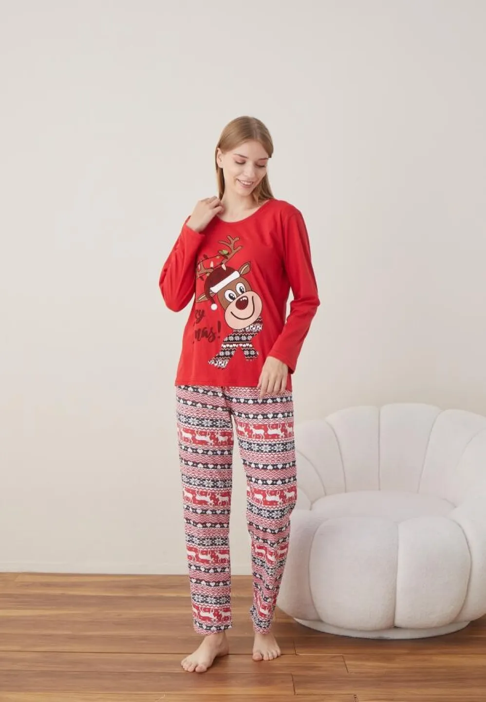 Pijama Dama Craciun Rosu Maneca Lunga Pantalon Lungi Ren - 6