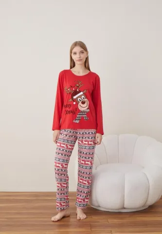 Pijama Dama Craciun Rosu Maneca Lunga Pantalon Lungi Ren