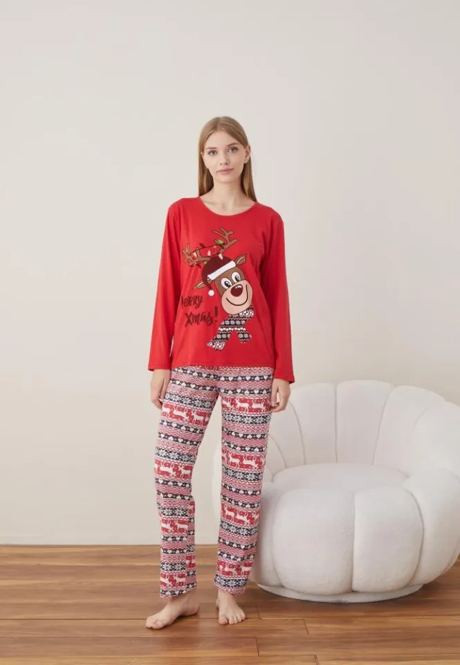 Pijama Dama Craciun Rosu Maneca Lunga Pantalon Lungi Ren