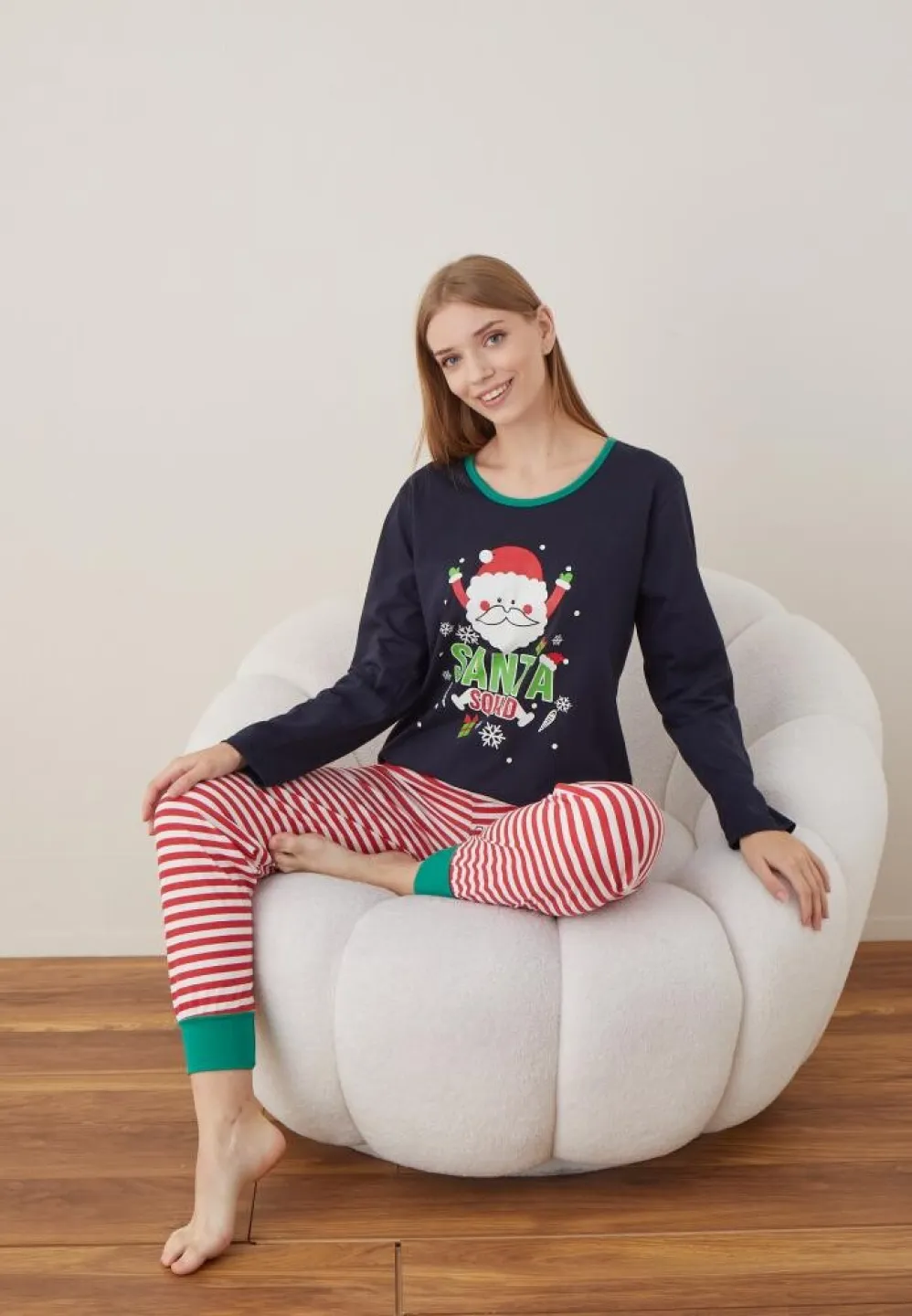 Pijama Dama Craciun Bleumarin Maneca Lunga Pantalon Lungi Santa - 2