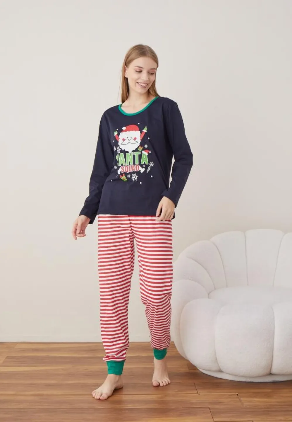 Pijama Dama Craciun Bleumarin Maneca Lunga Pantalon Lungi Santa - 4