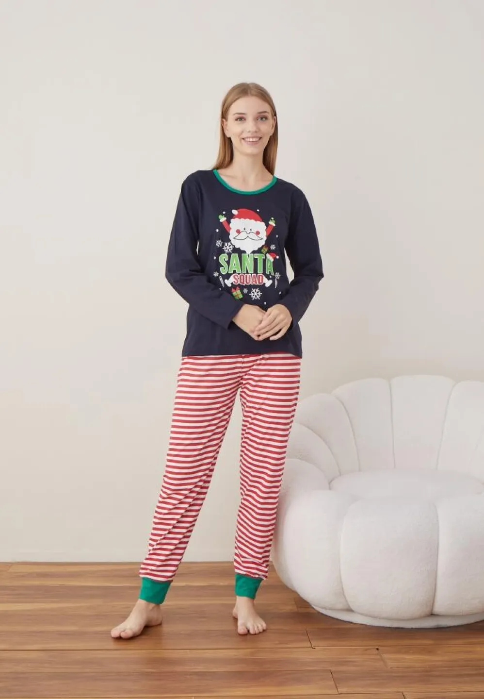 Pijama Dama Craciun Bleumarin Maneca Lunga Pantalon Lungi Santa - 1