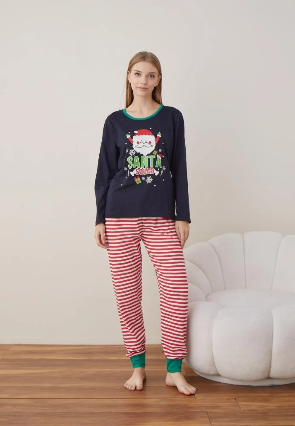 Pijama Dama Craciun Bleumarin Maneca Lunga Pantalon Lungi Santa - 5