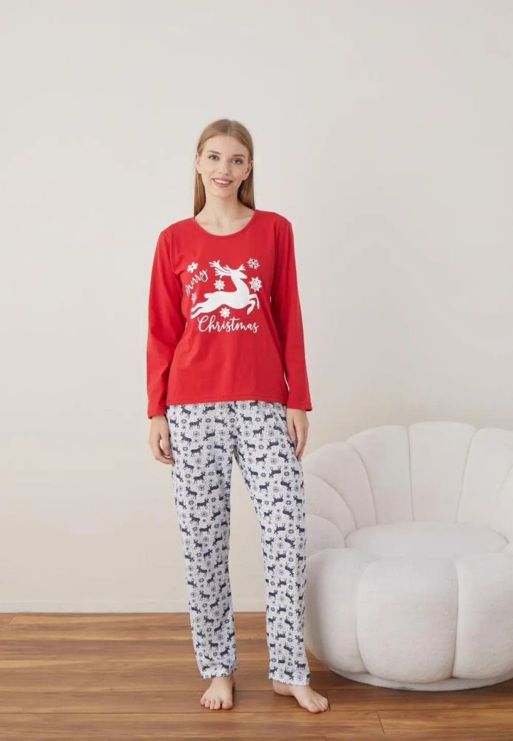 Pijama Dama Craciun Rosu Maneca Lunga Pantalon Lungi Merry Christmas - 3