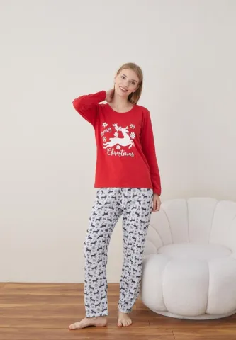 Pijama Dama Craciun Rosu Maneca Lunga Pantalon Lungi Merry Christmas