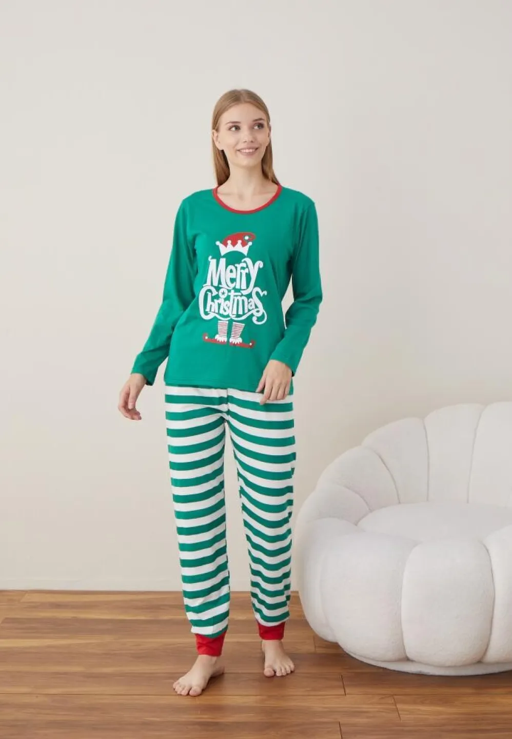 Pijama Dama Craciun Verde Maneca Lunga Pantalon Lungi Merry Christmas - 3