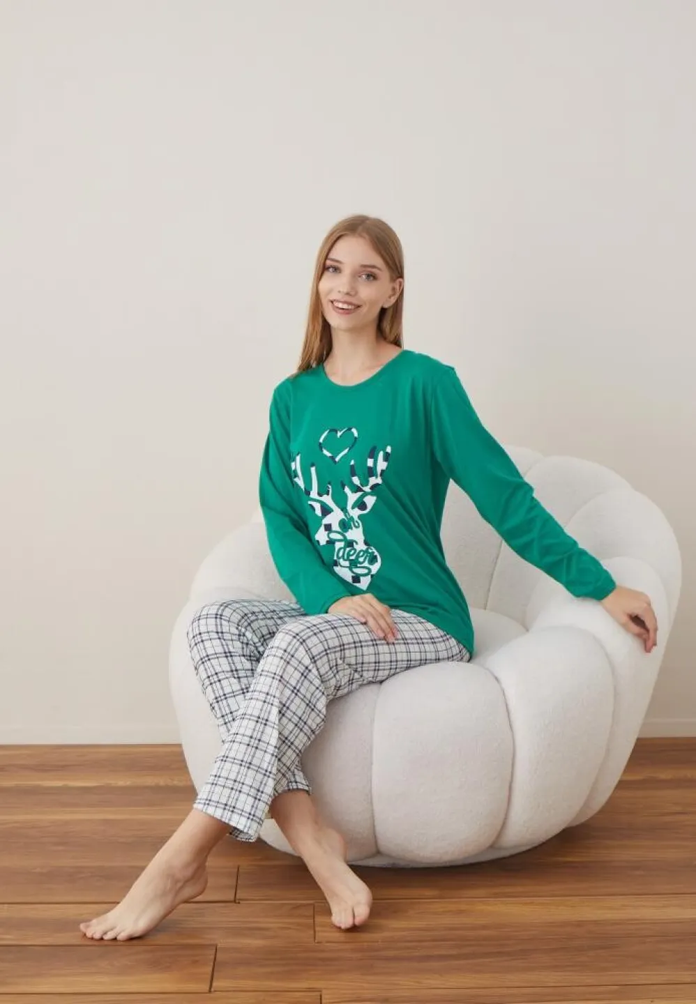 Pijama Dama Craciun Verde Maneca Lunga Pantalon Lungi Ren - 2