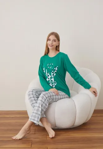 Pijama Dama Craciun Verde Maneca Lunga Pantalon Lungi Ren hover