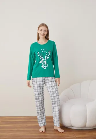 Pijama Dama Craciun Verde Maneca Lunga Pantalon Lungi Ren