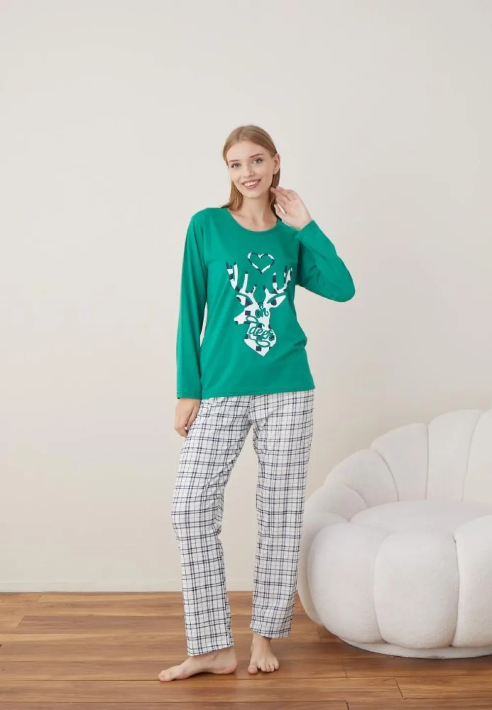 Pijama Dama Craciun Verde Maneca Lunga Pantalon Lungi Ren - 3