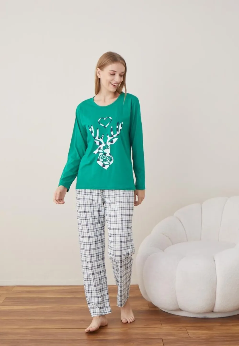 Pijama Dama Craciun Verde Maneca Lunga Pantalon Lungi Ren - 4