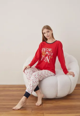 Pijama Craciun Dama Maneca Lunga Pantalon Lungi,Rosu,SNOW MUCH FUN hover