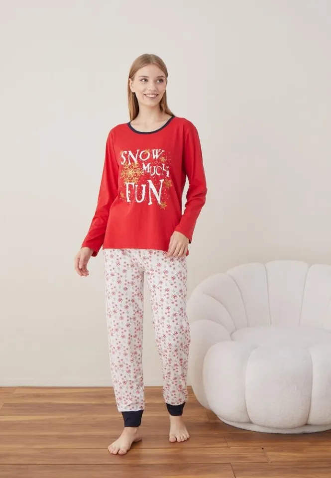 Pijama Dama Craciun Rosu Maneca Lunga Pantalon Lungi SNOW MUCH FUN