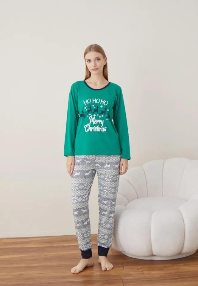 Pijama Dama Craciun Verde Maneca Lunga Pantalon Lungi Ho Ho Ho