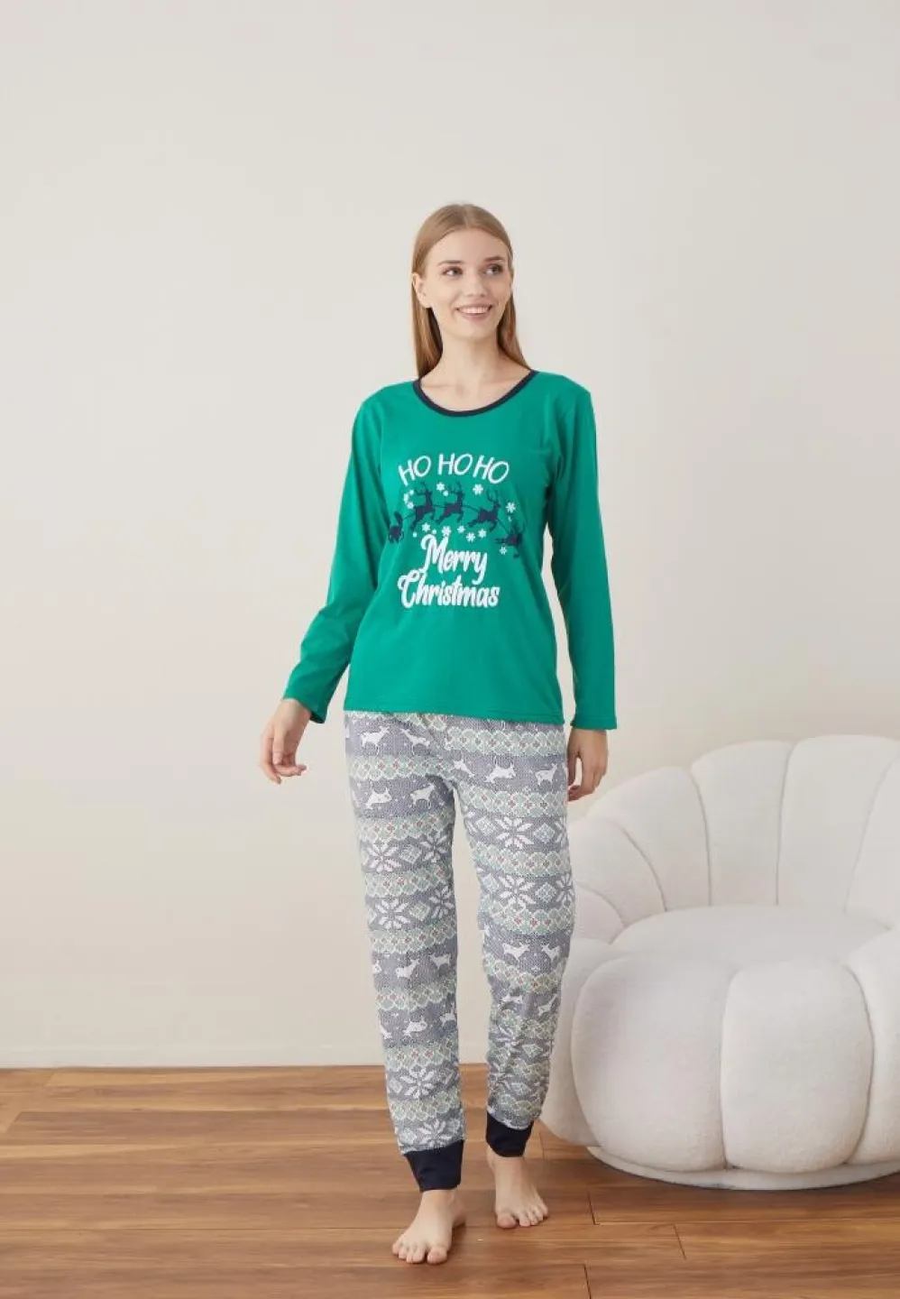 Pijama Dama Craciun Verde Maneca Lunga Pantalon Lungi Ho Ho Ho - 3