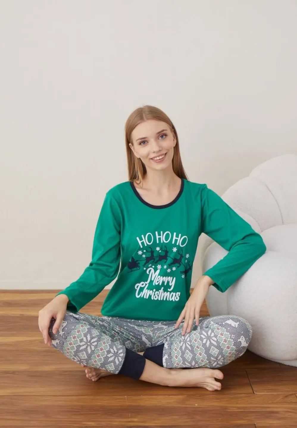 Pijama Dama Craciun Verde Maneca Lunga Pantalon Lungi Ho Ho Ho - 4