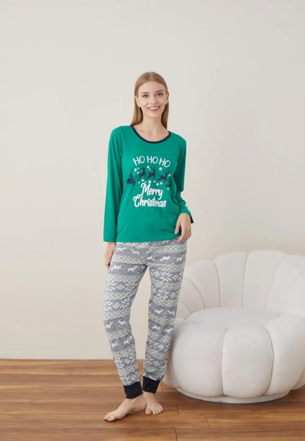 Pijama Dama Craciun Verde Maneca Lunga Pantalon Lungi Ho Ho Ho - 5