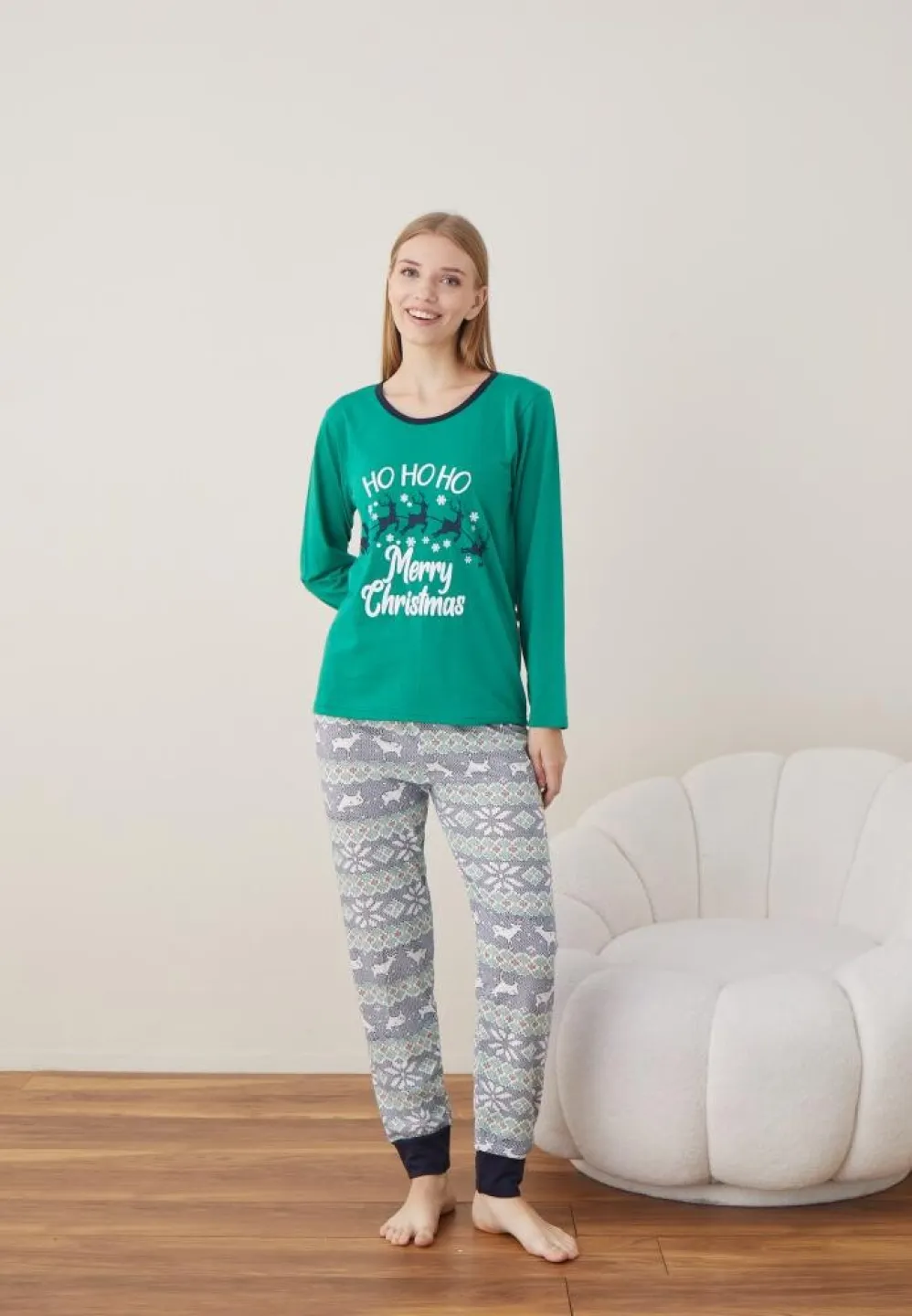 Pijama Dama Craciun Verde Maneca Lunga Pantalon Lungi Ho Ho Ho - 6