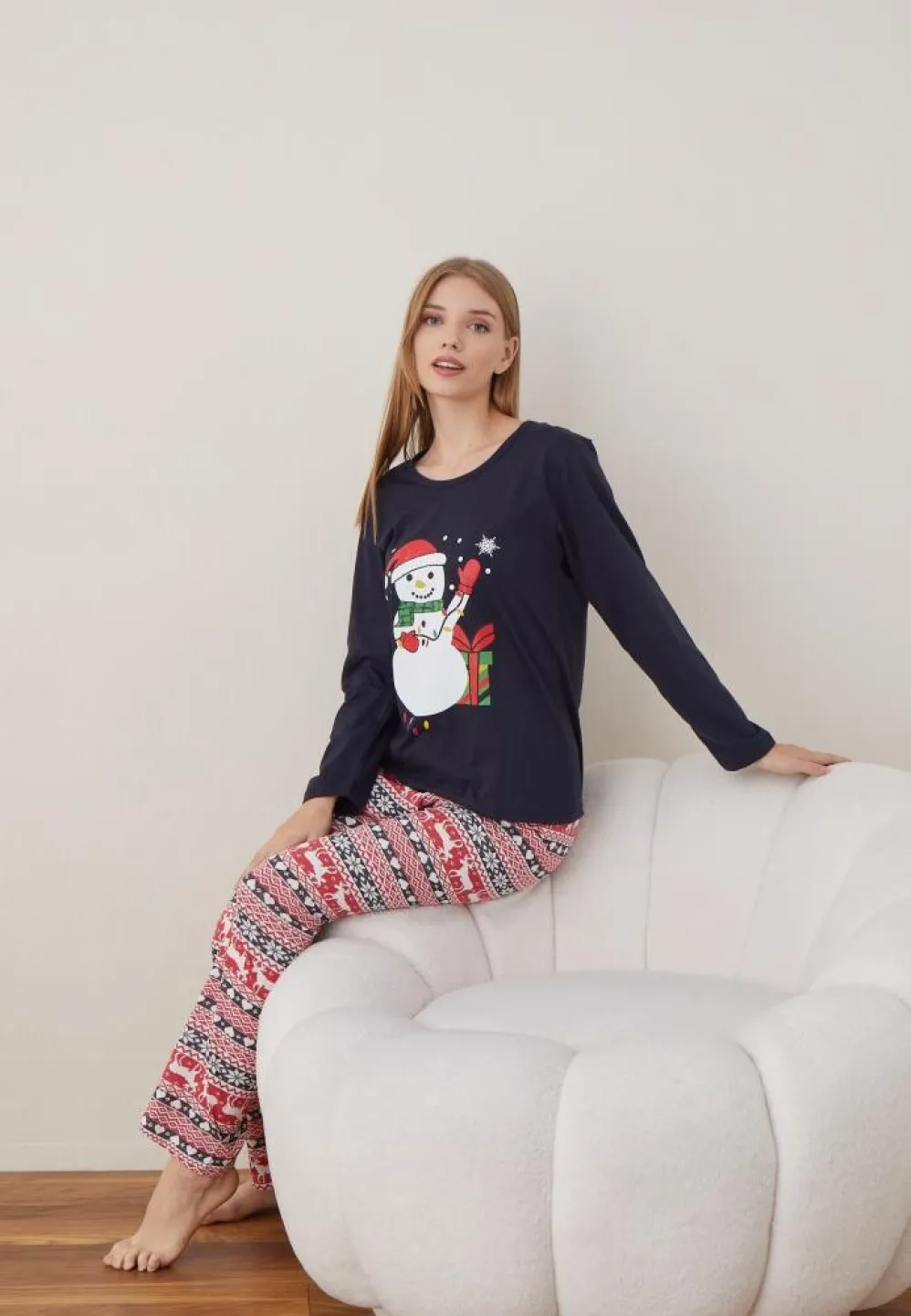 Pijama Dama Craciun Bleumarin Maneca Lunga Pantalon Lungi Om De Zapada - 2