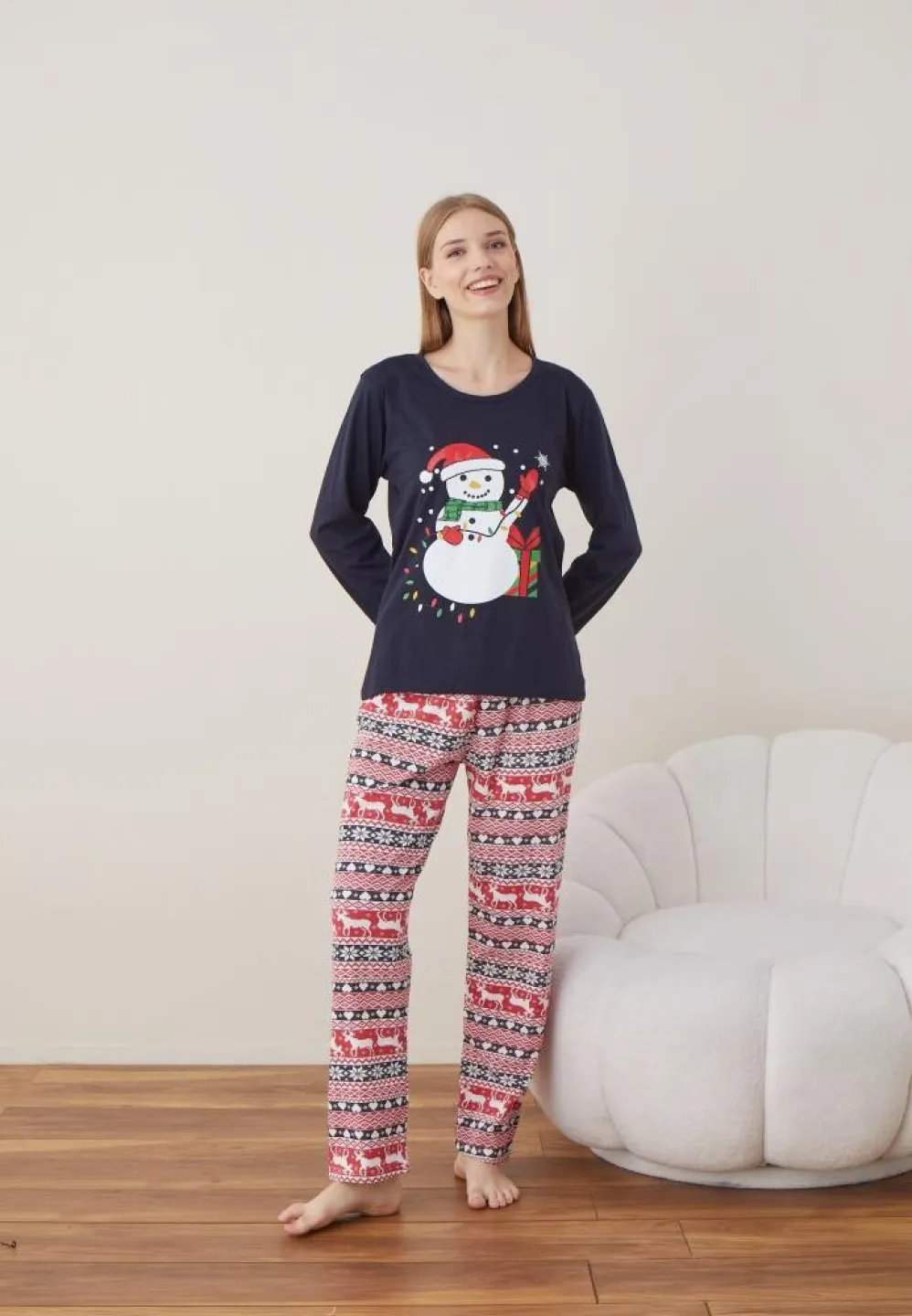 Pijama Dama Craciun Bleumarin Maneca Lunga Pantalon Lungi Om De Zapada - 1