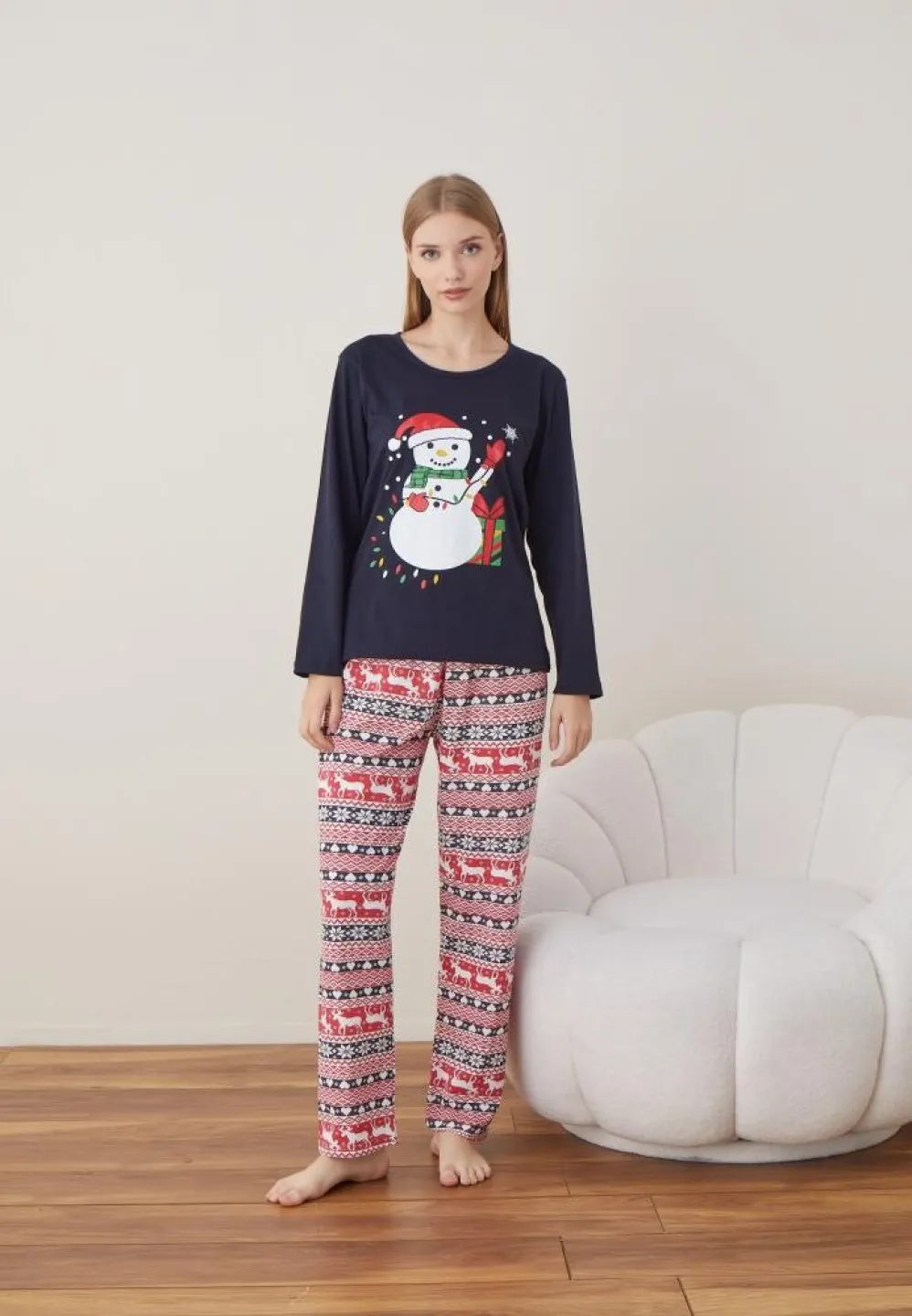 Pijama Dama Craciun Bleumarin Maneca Lunga Pantalon Lungi Om De Zapada - 4