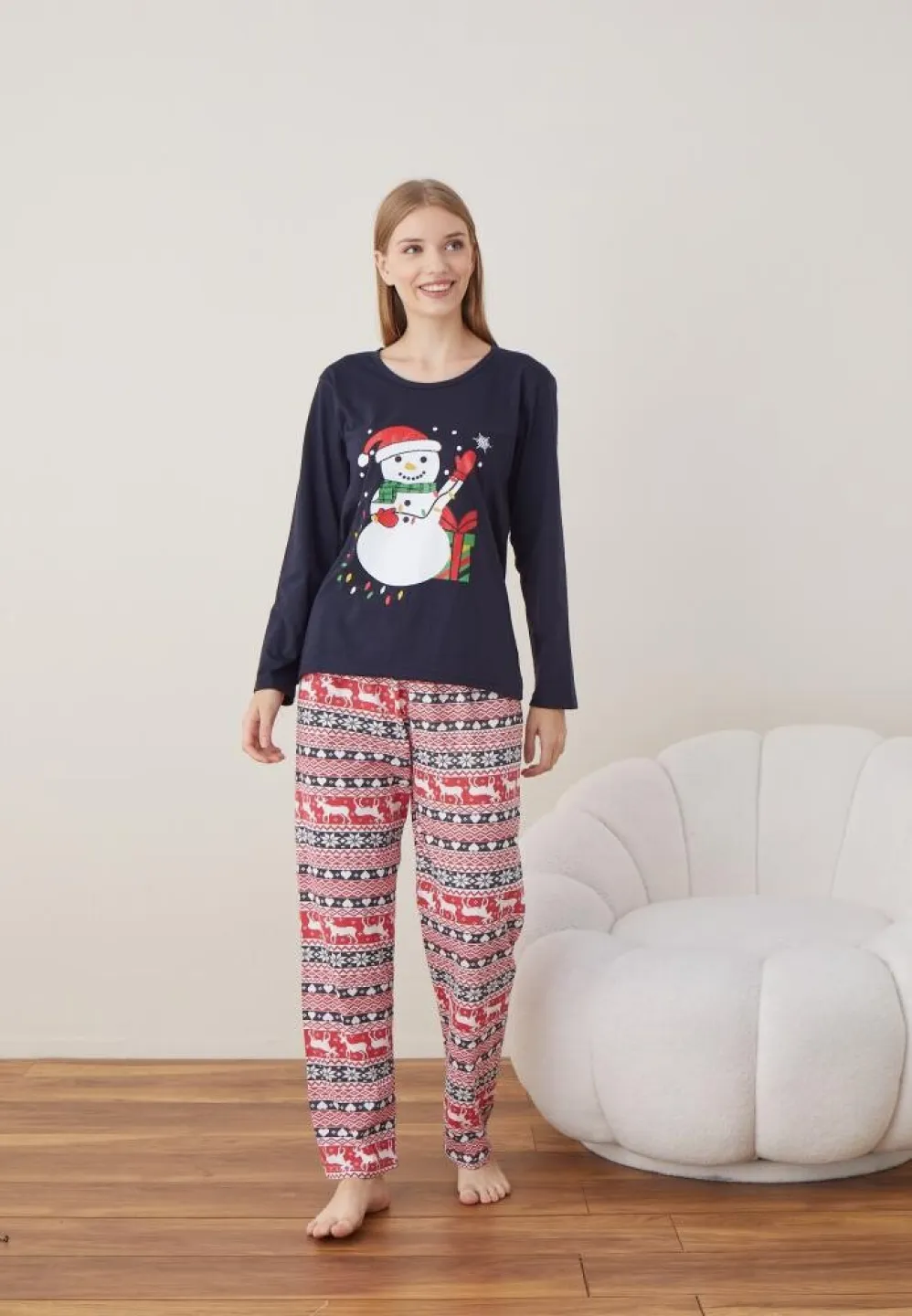 Pijama Dama Craciun Bleumarin Maneca Lunga Pantalon Lungi Om De Zapada - 5