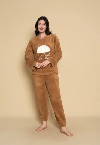 Pijama cocolino damă cu imprimeu umbrelă maro hover