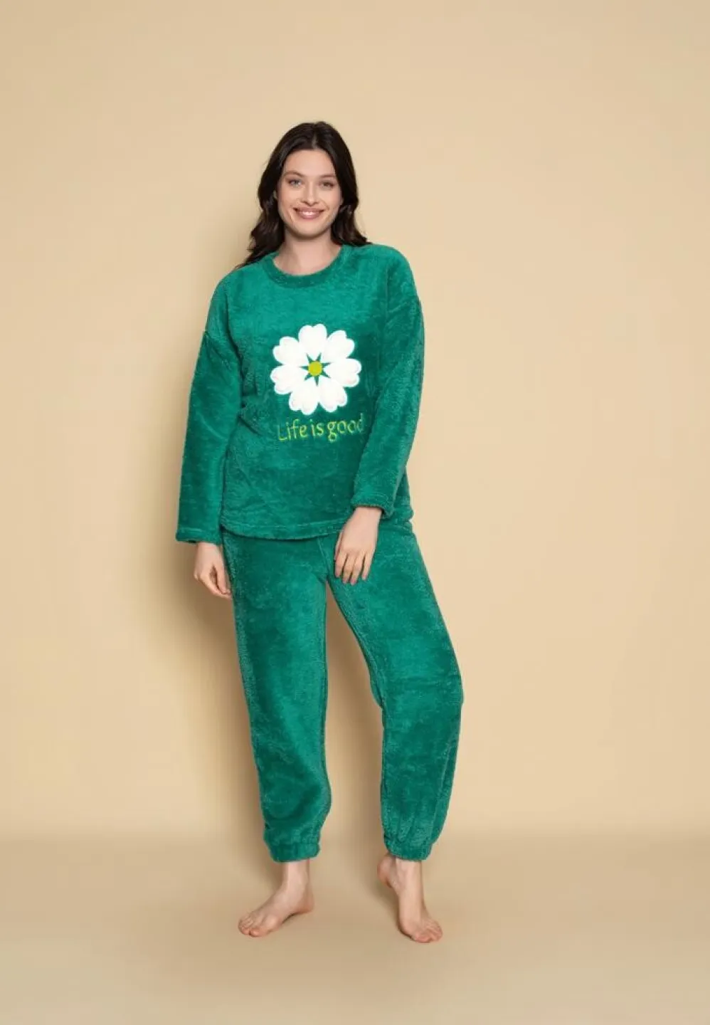Pijama pufoasă din cocolino pentru damă – verde, model Life is good - 2