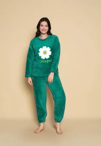Pijama pufoasă din cocolino pentru damă – verde, model Life is good hover