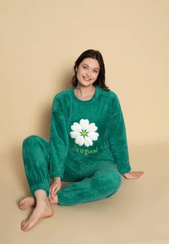 Pijama pufoasă din cocolino pentru damă – verde, model Life is good