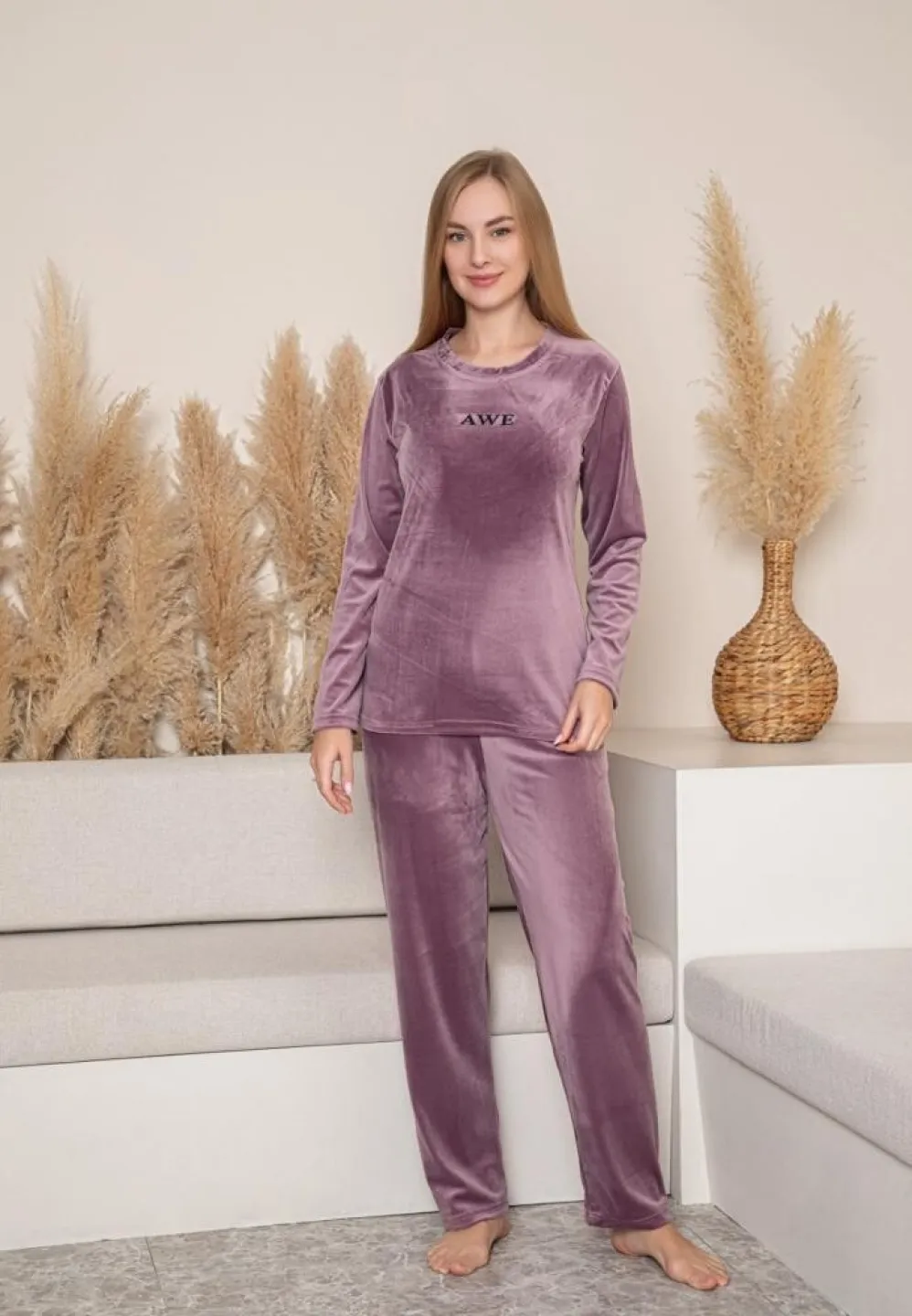 Pijama Dama, Mov, Catifea, Imprimeu Morning, Material Moale - 1