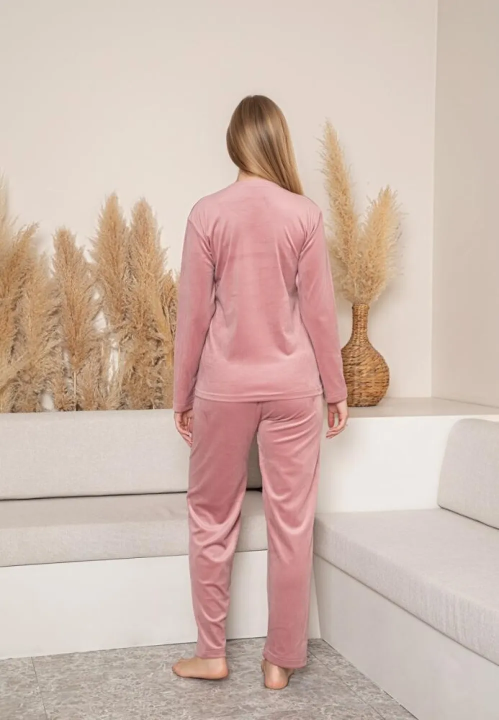 Pijama Dama, Roz Pudrat, Catifea, Material Moale, Imprimeu Some - 2