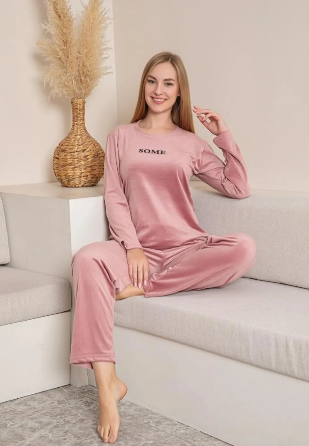 Pijama Dama, Roz Pudrat, Catifea, Material Moale, Imprimeu Some - 3