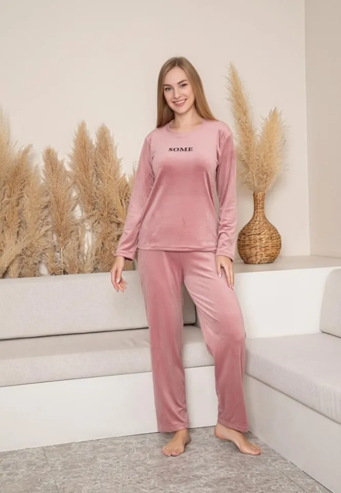 Pijama Dama, Roz Pudrat, Catifea, Material Moale, Imprimeu Some