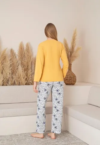Pijama Dama, Galben, Mâneca Lungă și Pantalon Lung, Imprimeu Love hover