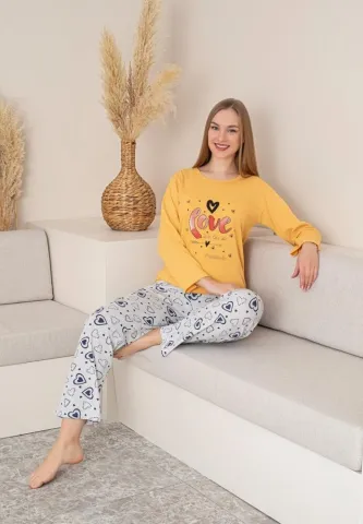 Pijama Dama, Galben, Mâneca Lungă și Pantalon Lung, Imprimeu Love