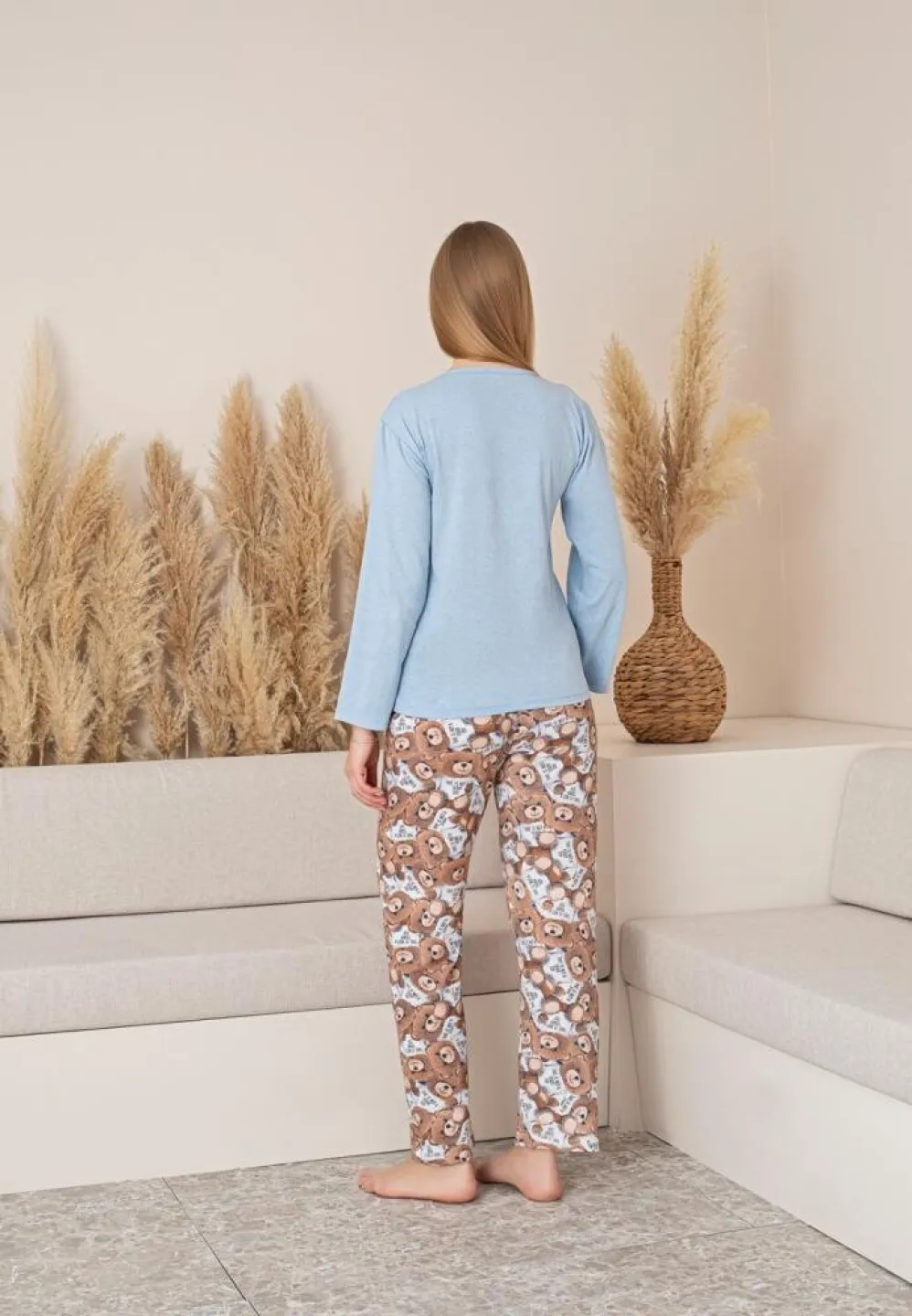 Pijama Dama, Bleu, Mâneca Lungă și Pantalon Lung, Imprimeu Good - 3