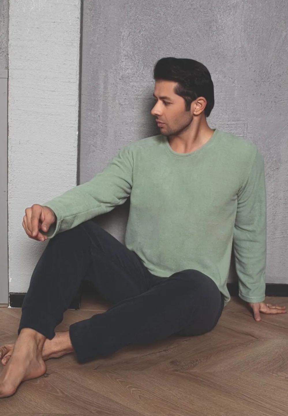 Pijama Bărbat, Verde Deschis, Polar, Mâneca Lungă și Pantalon Lung - 2