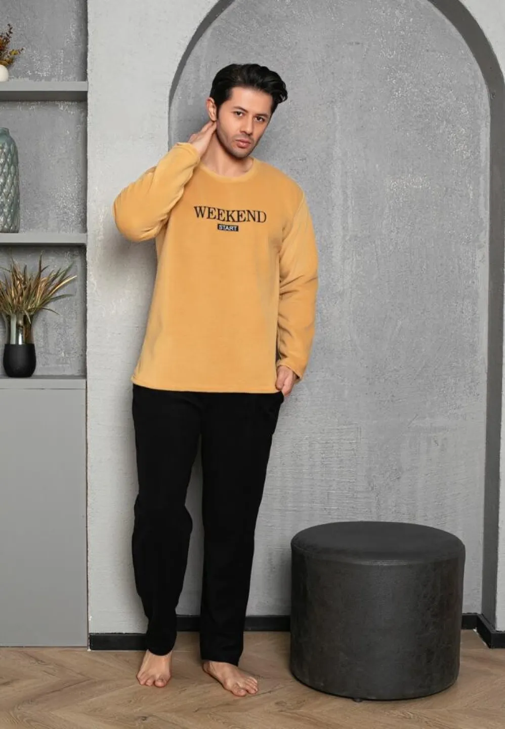 Pijama Bărbat, Polar, Mâneca Lungă și Pantalon Lung, Galben, Weekend - 2